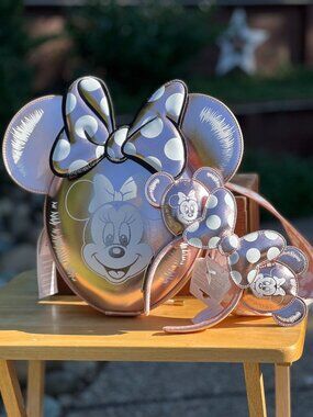 Loungefly Disney Parks Minnie Mouse Rose Gold Balloon Crossbody Bag and Ears NWT